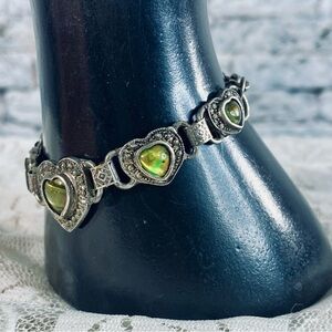 Gypsy Goth Vintage Silver Heart Bracelet Green Rhinestone Accents Toggle Clasp